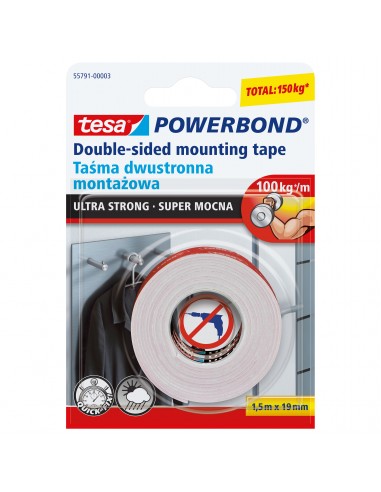 TAŚMA MONTAŻ.POWERBOND WEW.ZEW.1,5M19MM(S.MOC.<10KG NA 10CM